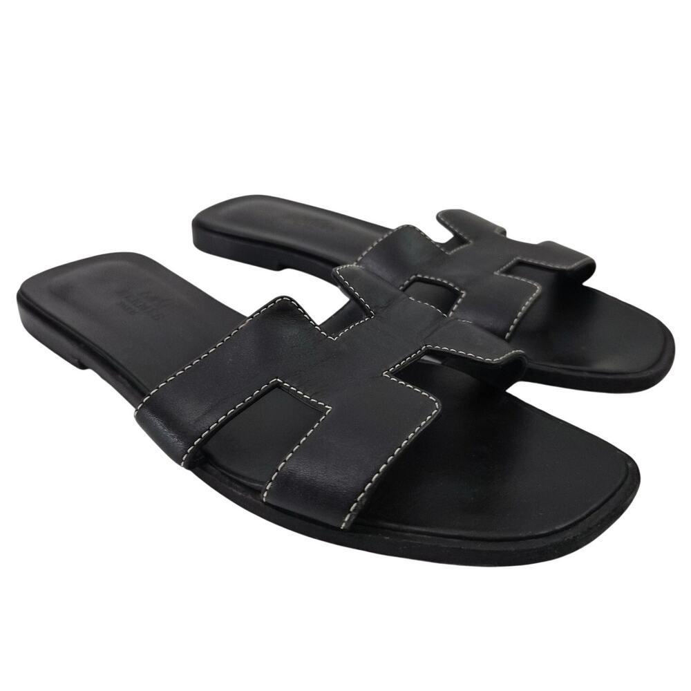 Hermes Oran Leather Sandals Black US 6 / EU 36